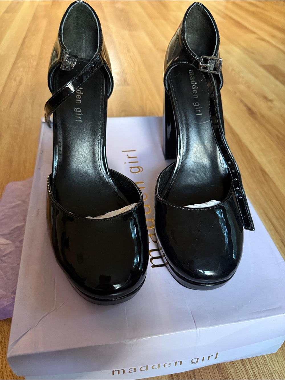 Madden Girl Black Patent Platform Block Heel Sandals